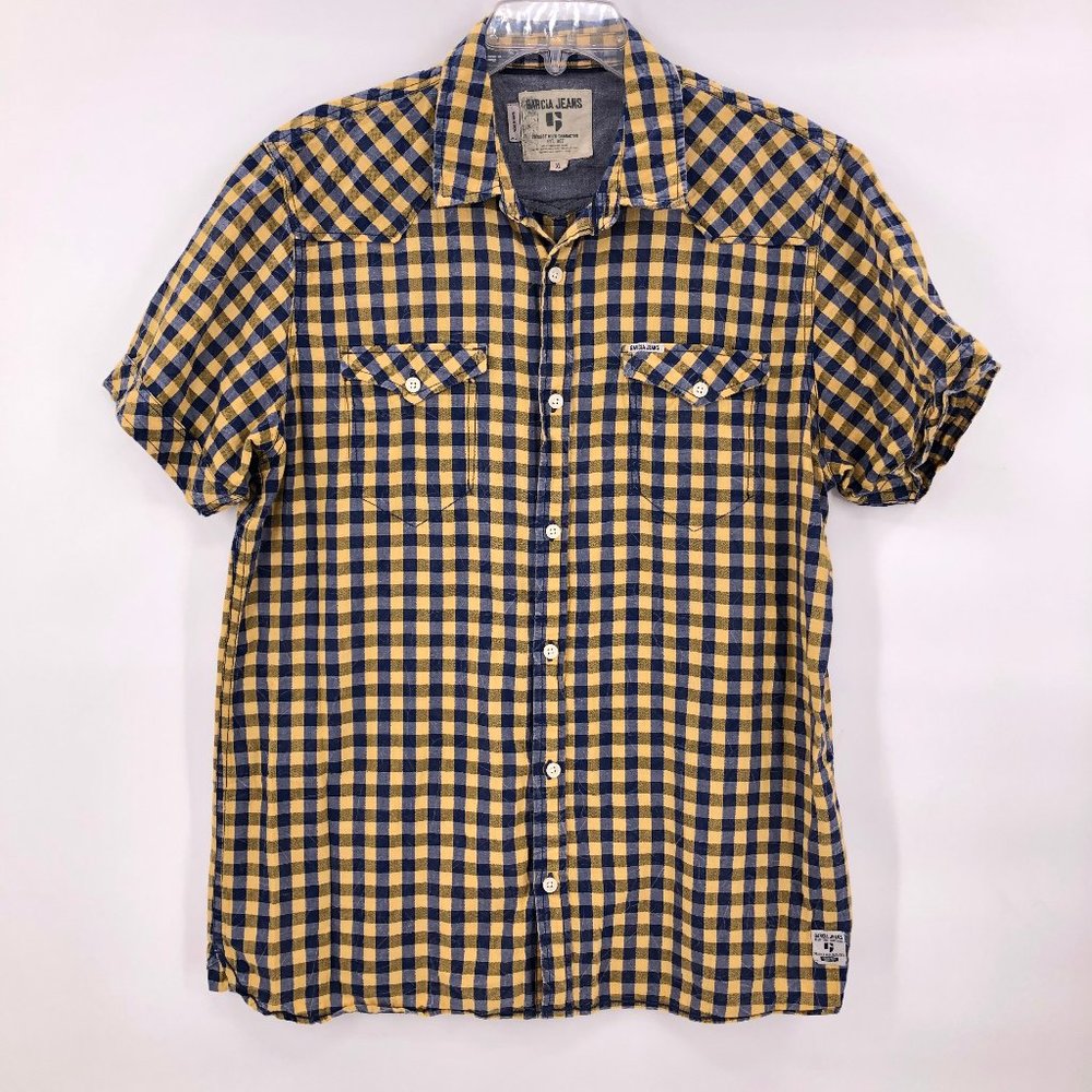 Garcia jean navy yellow gingham check shirt